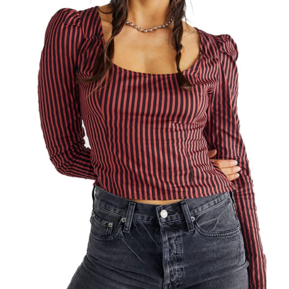 new Free People Caroline Crop Top size S NWT Pinstripe Puff Shoulder Long Sleeve